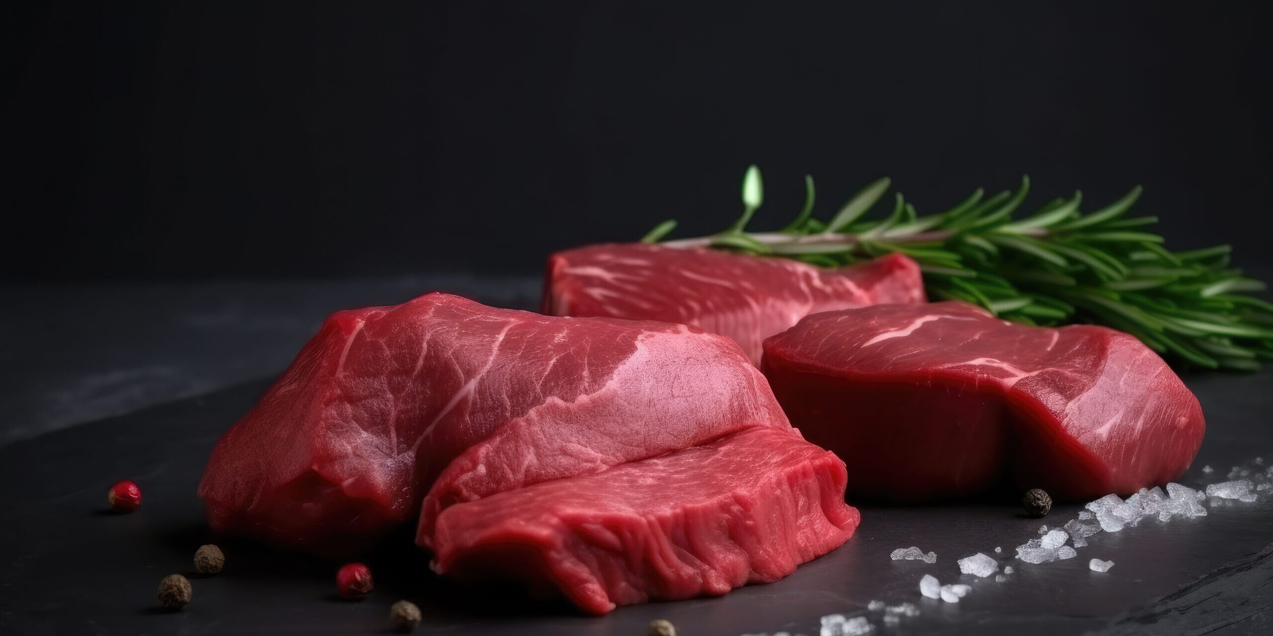 Raw meat steak with herbs and spices on black background.